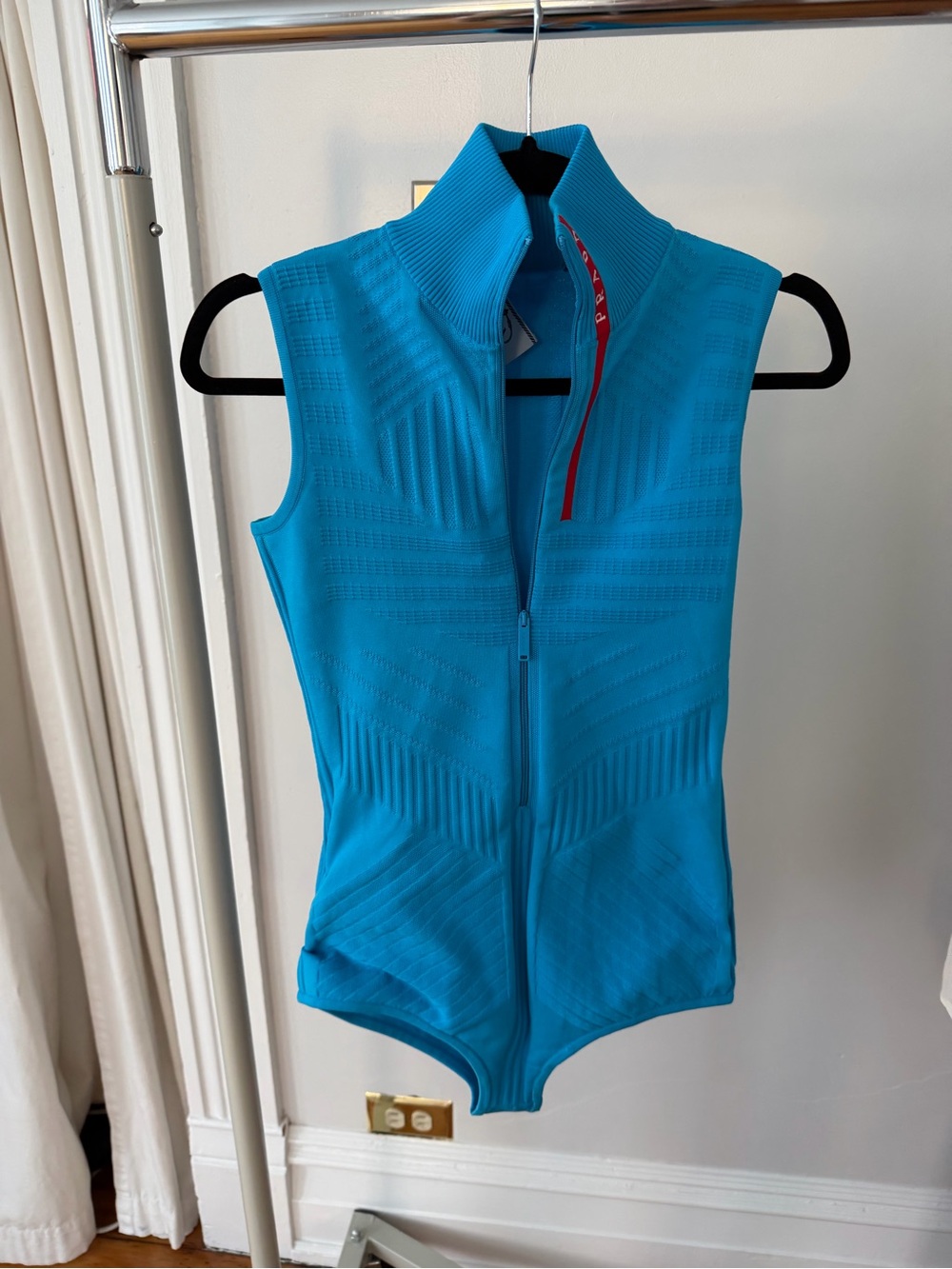Prada Bright Blue Sleeveless Zip-Up Ribbed Collar Bodysuit with Red Trim - Picture 3 of 9